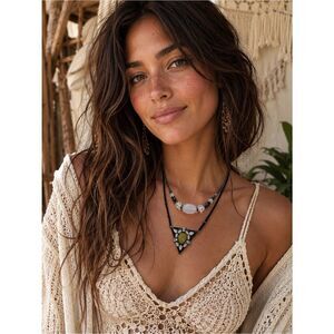 Boho Triangle Pendant Necklace with Olive Center and Black Cord